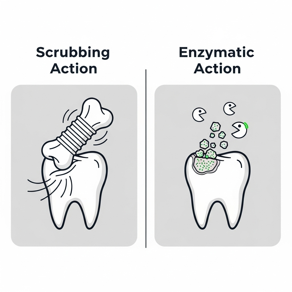"A diagram explaining how the abrasive texture and enzymes in dog dental chews work to clean teeth and remove plaque'