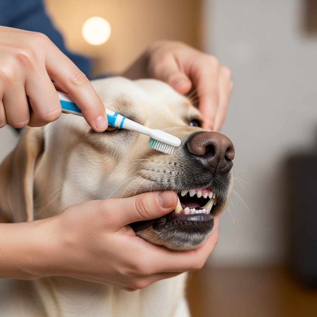 "A pet owner brushing their dog's teeth, the gold standard of at-home dental care to supplement dog dental chews"