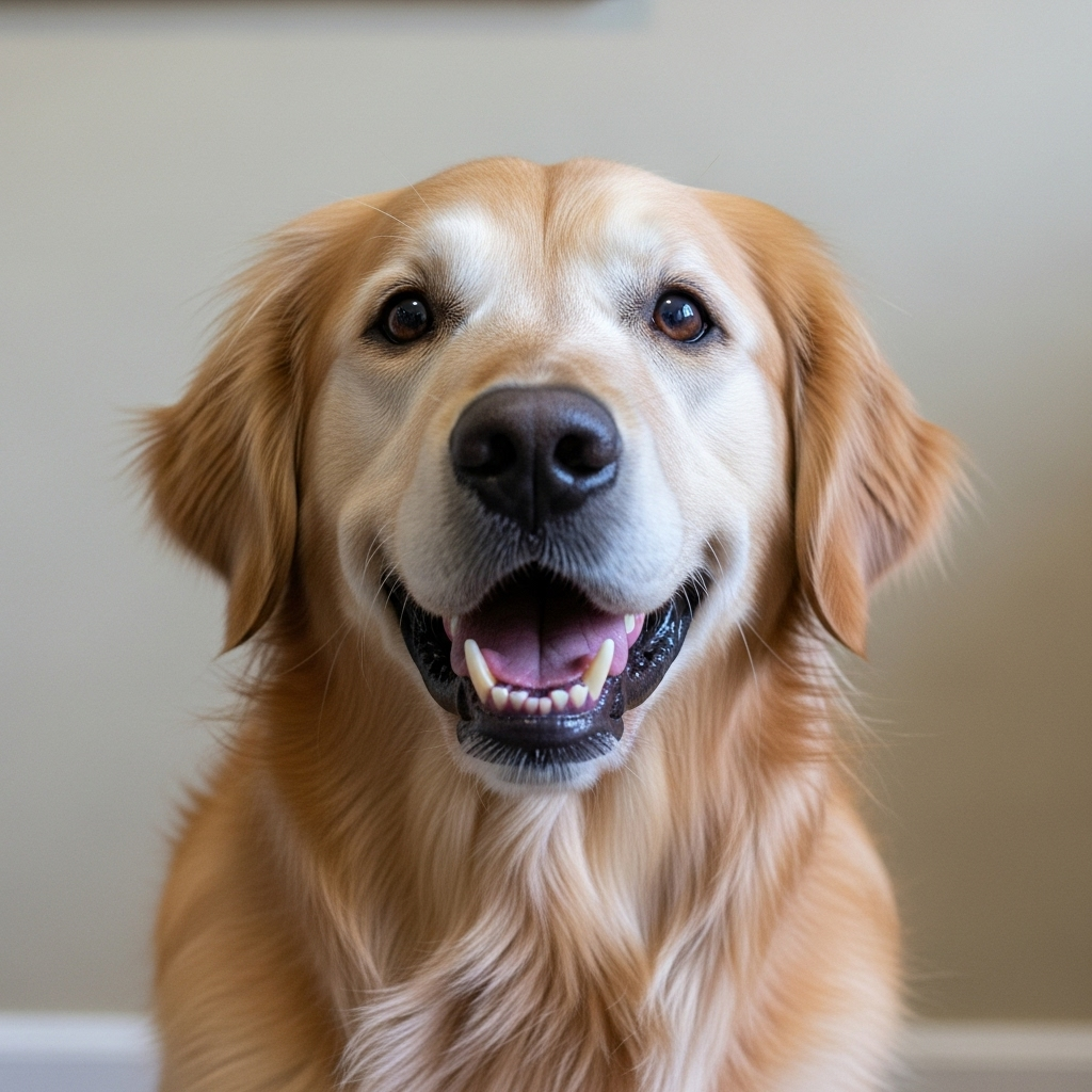 "A healthy senior dog with clean teeth, demonstrating the long-term benefits of a good dental routine including dog dental chews"