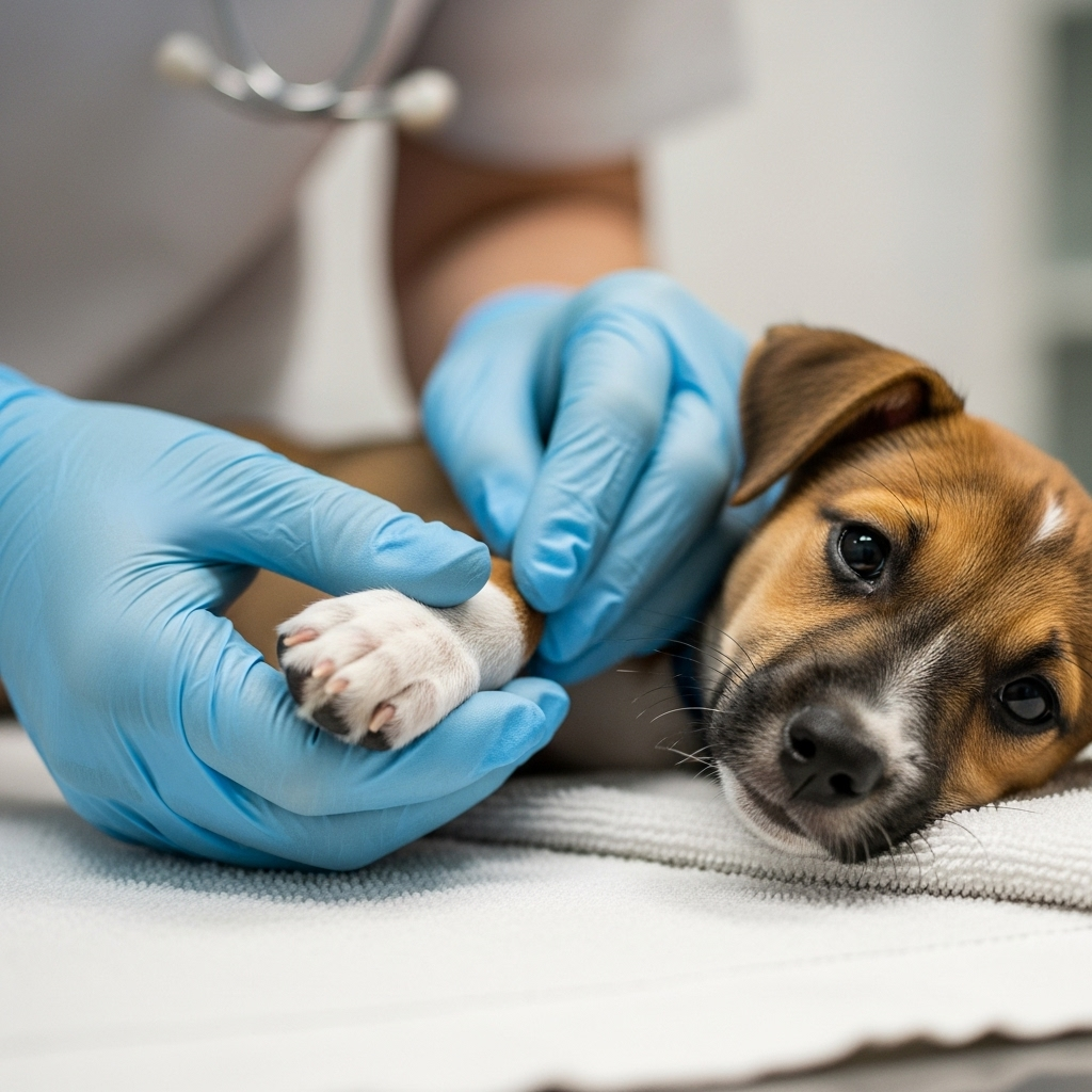 "A veterinarian gently holds a puppy's paw, illustrating the importance of preventative care detailed in the canine vaccination guidelines"