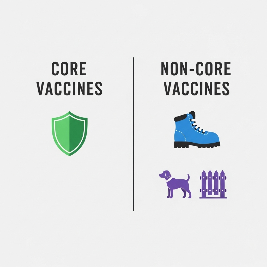"A clear infographic comparing Core (shield icon) and Non-Core (hiking boot icon) vaccines as explained by the 2025 canine vaccination guidelines"