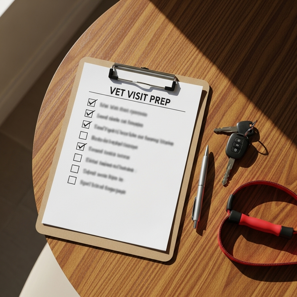 "A pet owner's checklist for a vet visit, showing proactive planning for their dog's health according to the canine vaccination guidelines"