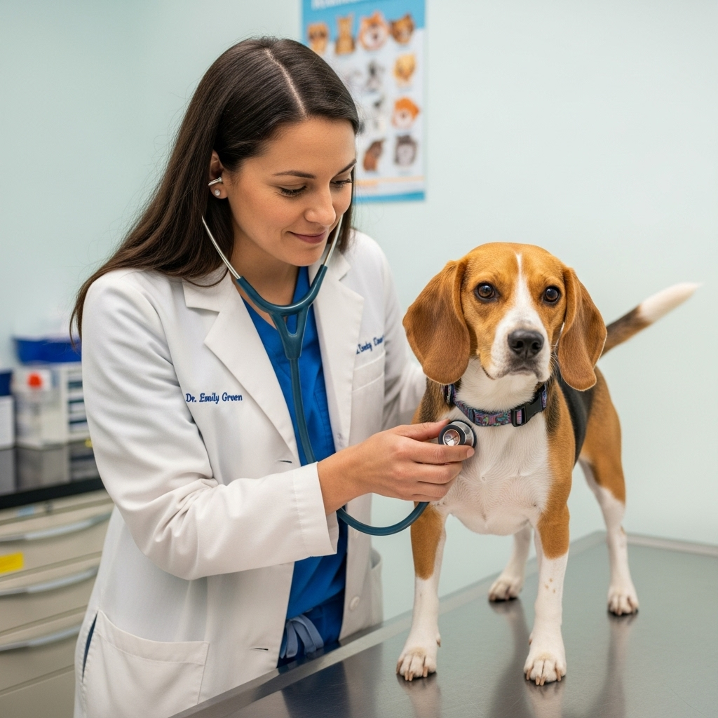 "A veterinarian carefully checking a dog's heart, a key diagnostic step when there are gaps in heartworm prevention for dogs"