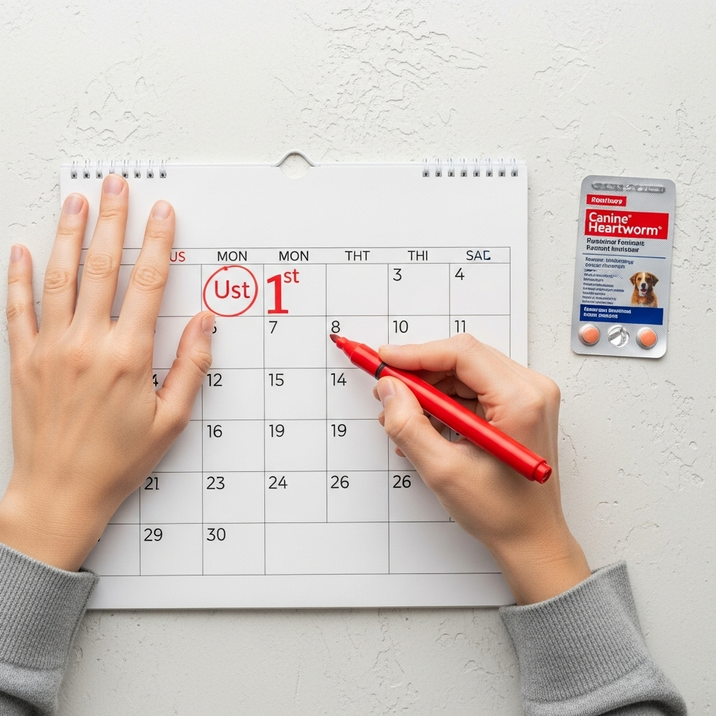 "A pet owner proactively marking a calendar to ensure they remember the monthly heartworm prevention for dogs"