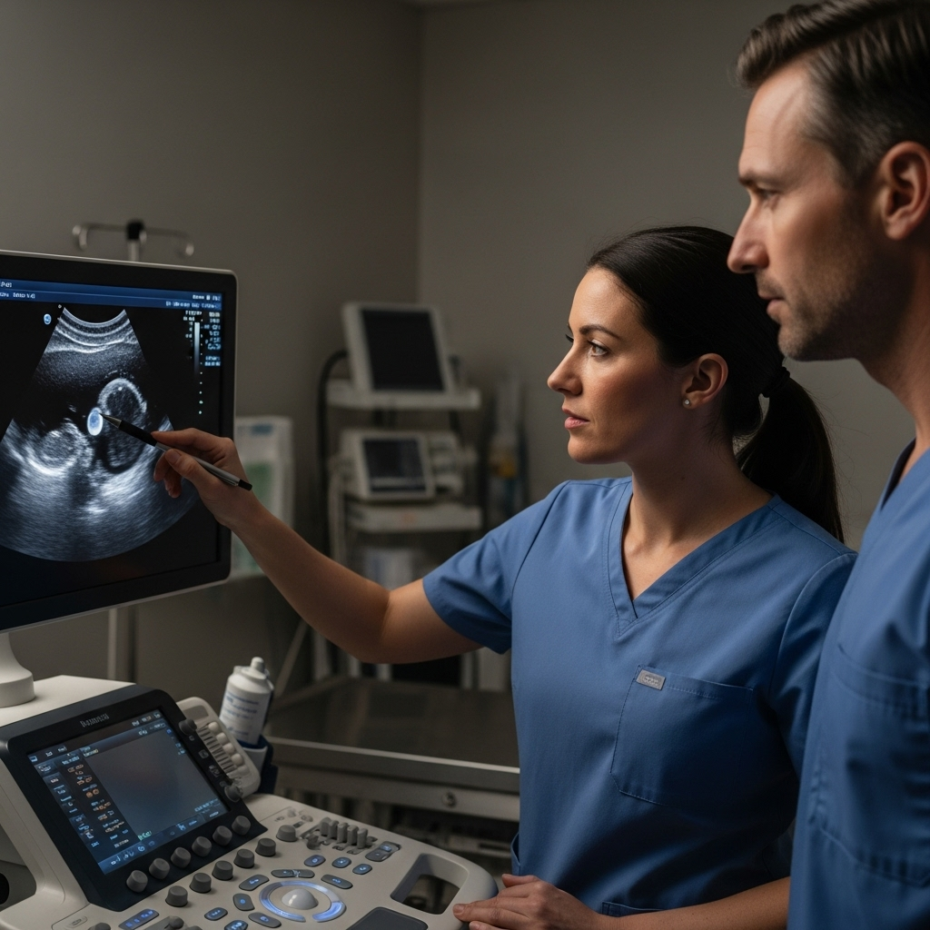 "A veterinarian analyzes an ultrasound image, a key imaging tool used to diagnose cancer in dogs"