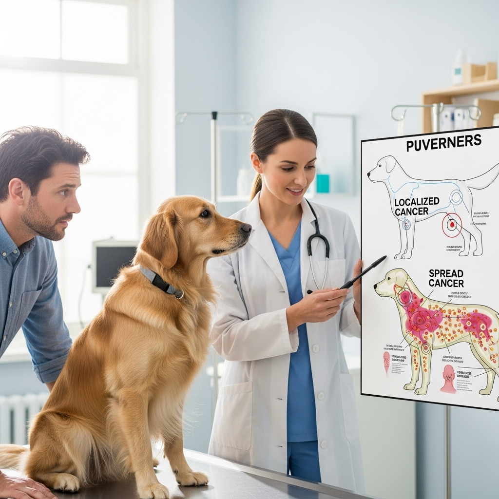 "A vet explains the cancer staging process to a pet owner, a vital step after a vet works to diagnose cancer in dogs"