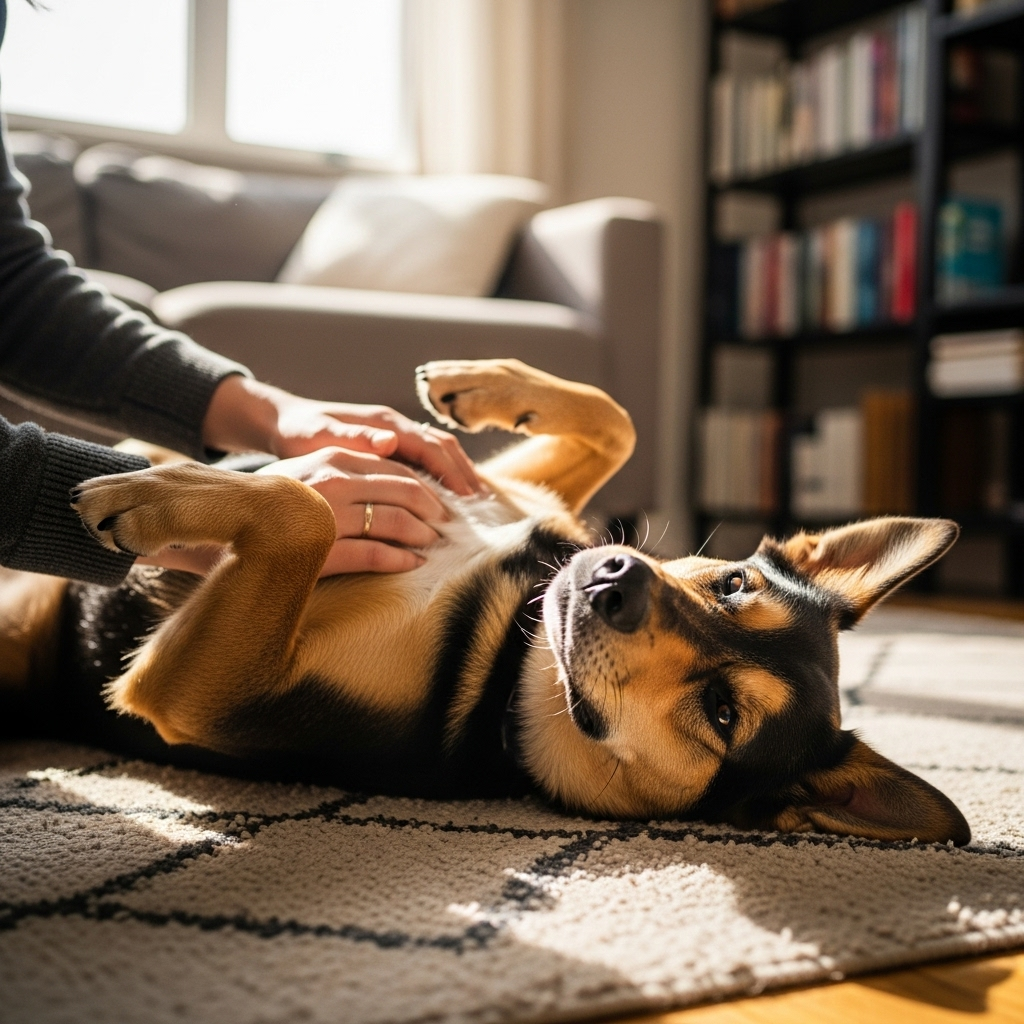 "A pet owner performs a monthly at-home check for lumps, an important part of monitoring before a vet can diagnose cancer in a dog"