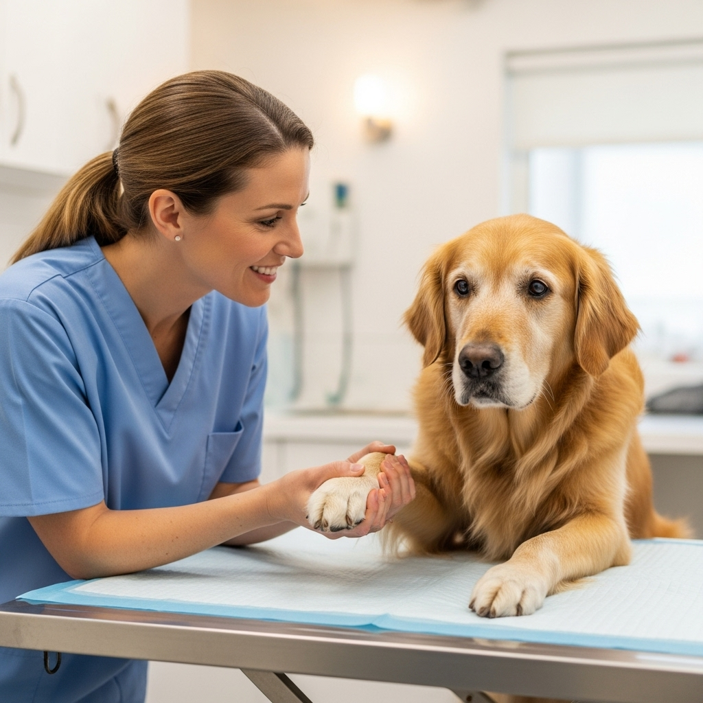 "A veterinarian comforts a senior golden retriever on an exam table, a crucial part of the process to diagnose cancer in dogs"