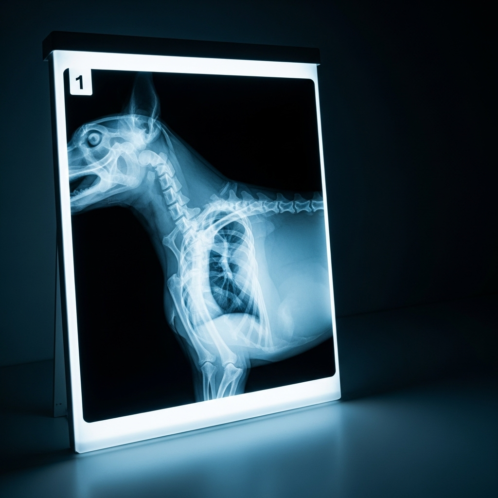 "Reviewing a chest X-ray, an essential imaging tool for diagnosing cancer in dogs and checking for metastasis"