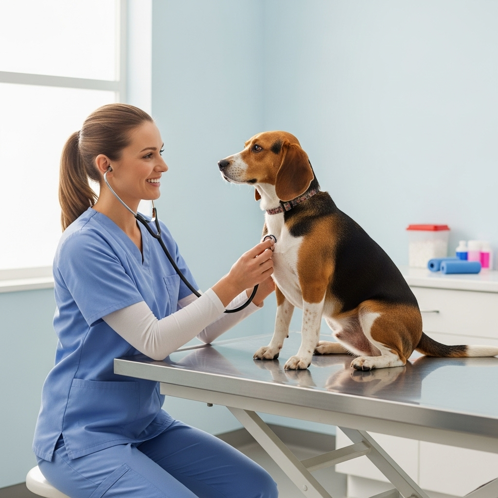 "A veterinarian conducting a thorough physical exam, the crucial first step in diagnosing cancer in dogs"