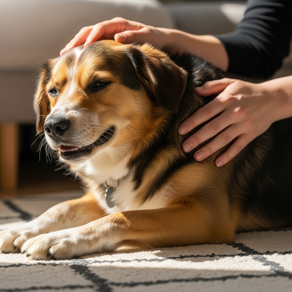 "An owner checking their pet for subtle symptoms that might require scheduling blood tests for dogs"
