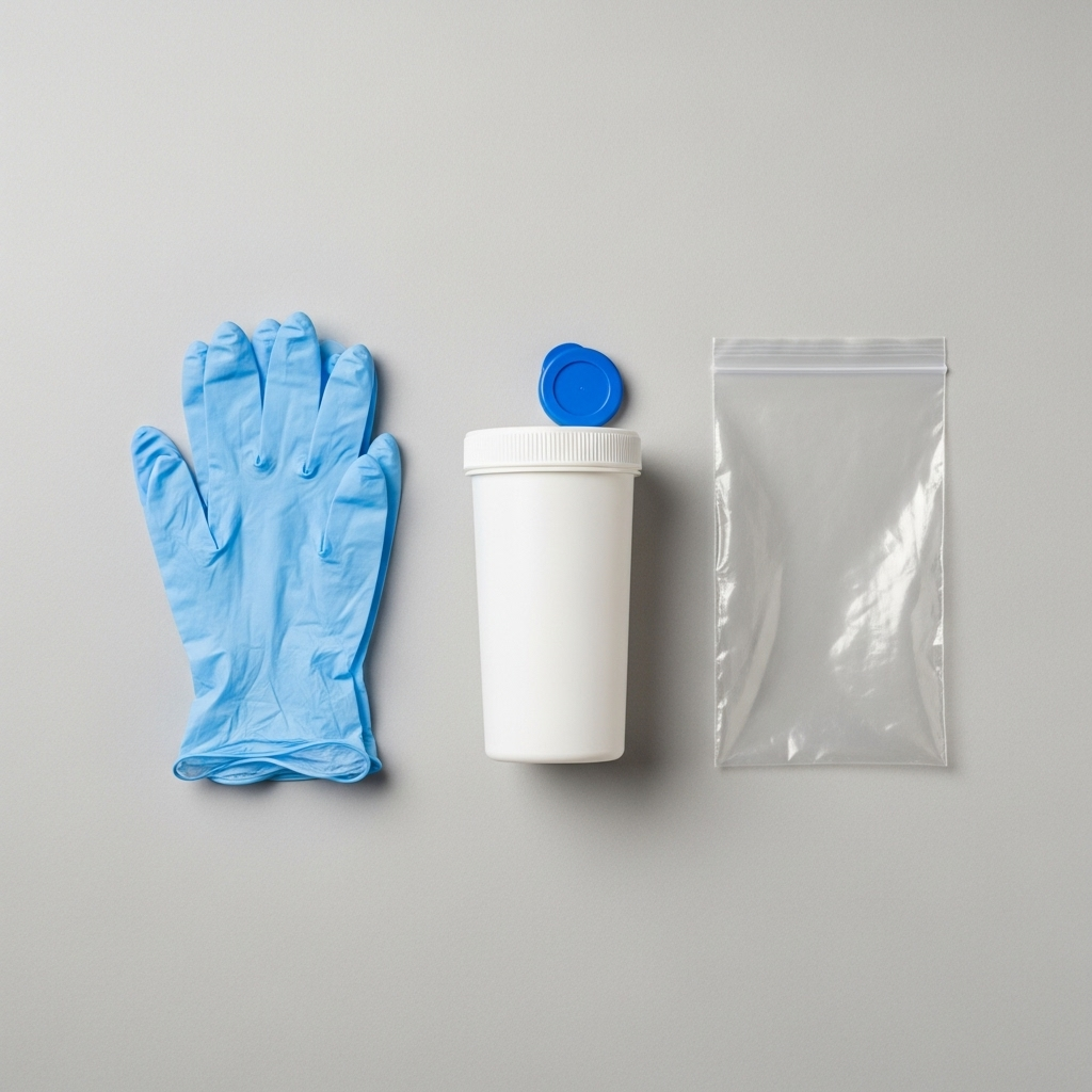"The essential tools for collecting a sample for a fecal PCR test for dogs: a container and gloves"
