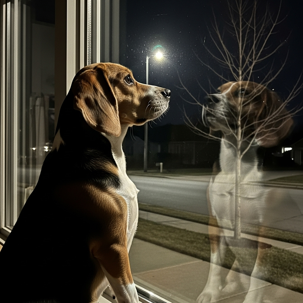 "An alert dog looking out a window, a common cause of a dog barking at night"