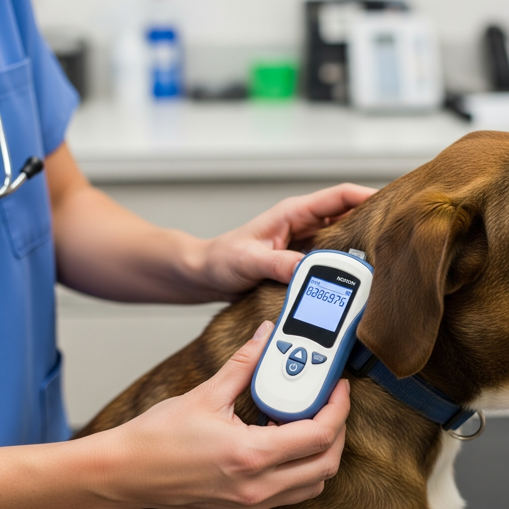 A veterinarian checks a dog's microchip as part of the preparation for international dog travel.
