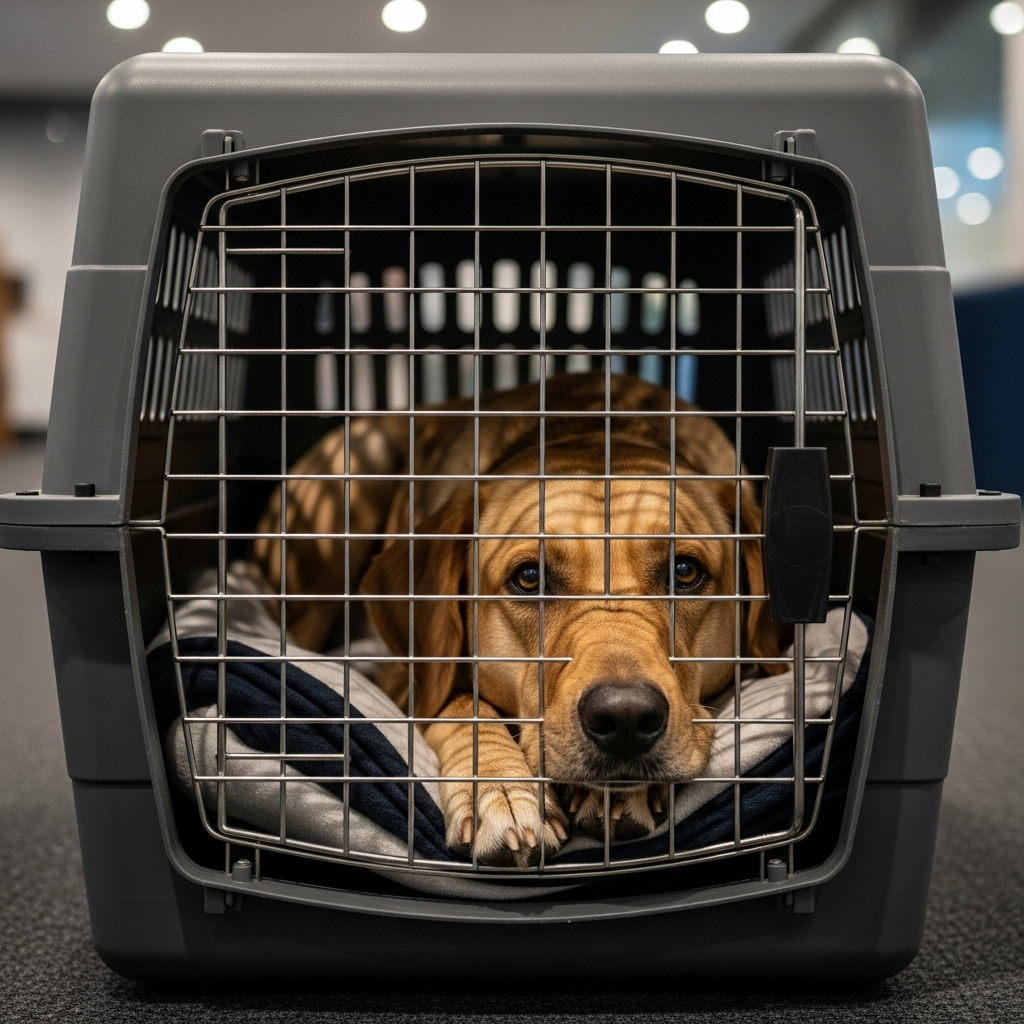 A calm dog comfortably resting inside an IATA-compliant travel crate, looking out through the metal door