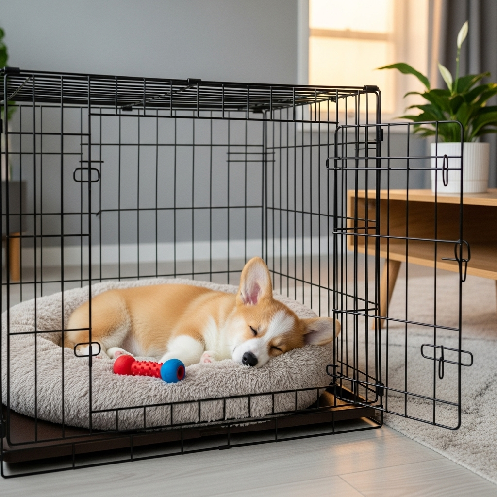 "A Corgi puppy resting in its crate, a key tool for successful puppy potty training"