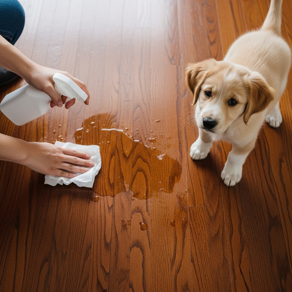 "Properly cleaning up an accident, a crucial step in any puppy potty training plan"
