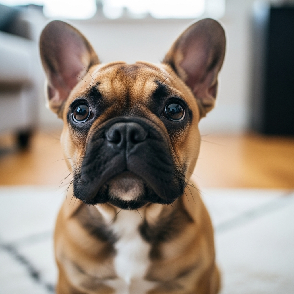 "A French Bulldog puppy looking confused, illustrating a common puppy potty training problem"