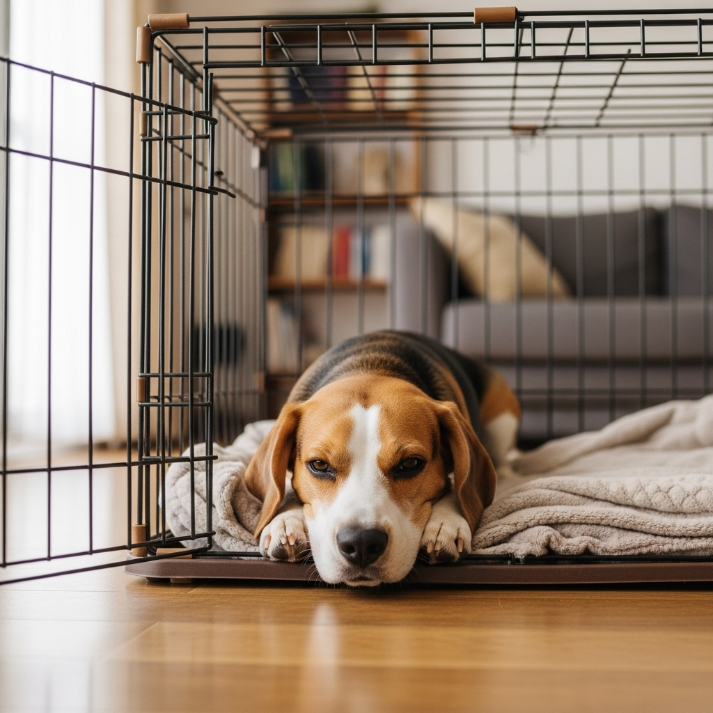 "A happy Beagle resting contentedly in its open den, showing that kind and gentle crate training for your dog is beneficial"