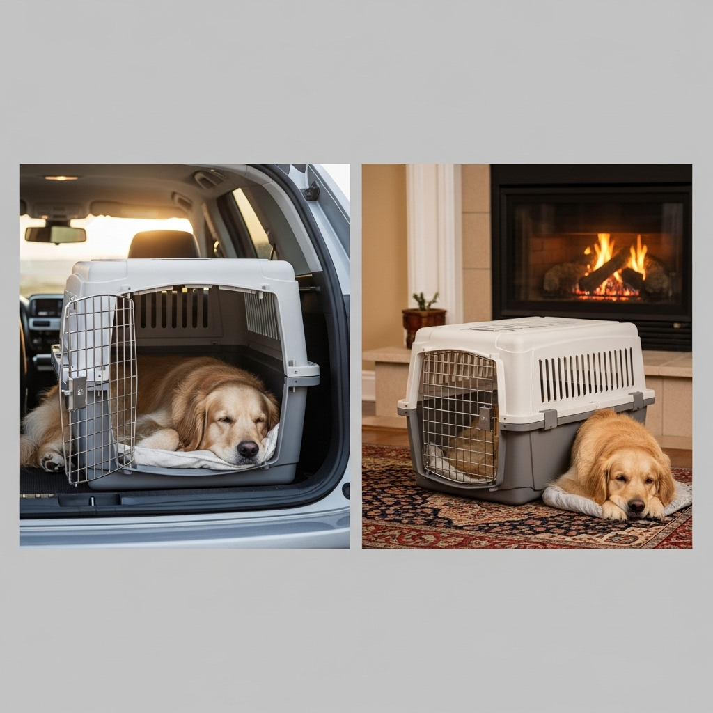 "An image illustrating the key benefits of crate training your dog, ensuring safety during travel and providing a secure space at home"
