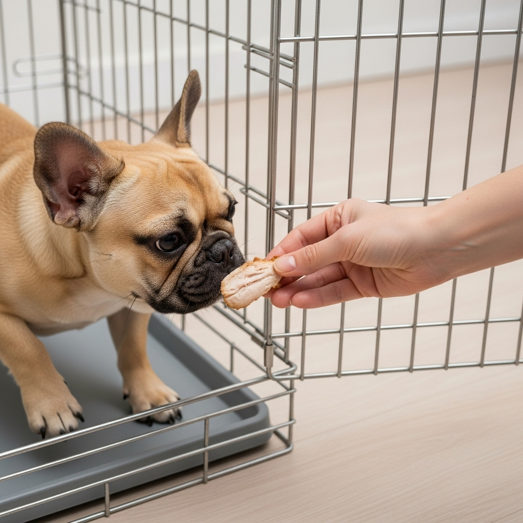 "A puppy being introduced to its new den with a treat, a crucial first step when getting started with crate training your dog"