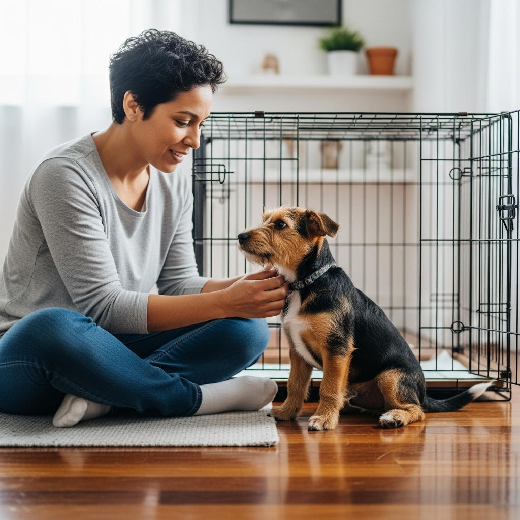 "A patient owner helping their pet overcome common problems associated with crate training your dog"