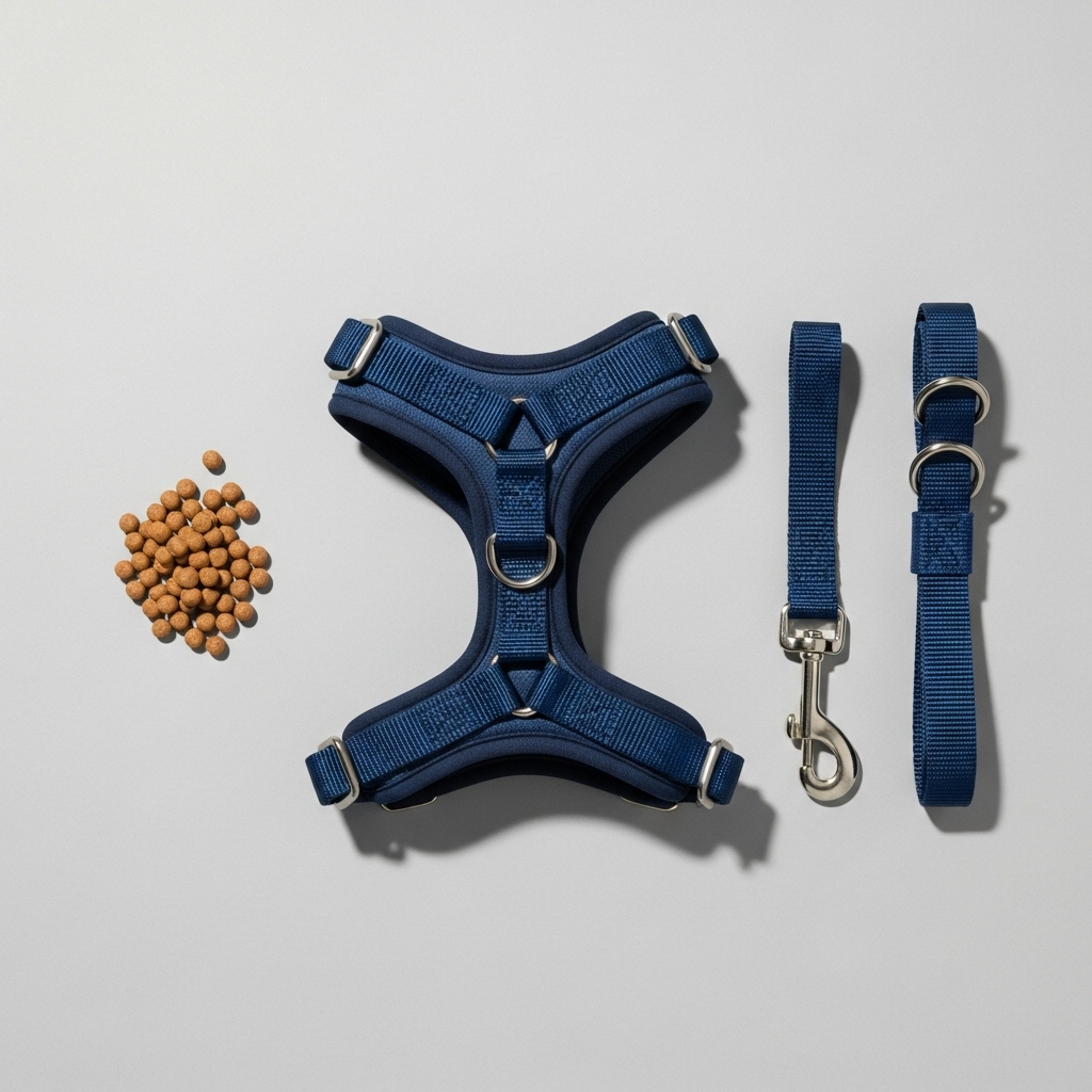"The essential toolkit for leash training your puppy: a harness, leash, and motivating treats"