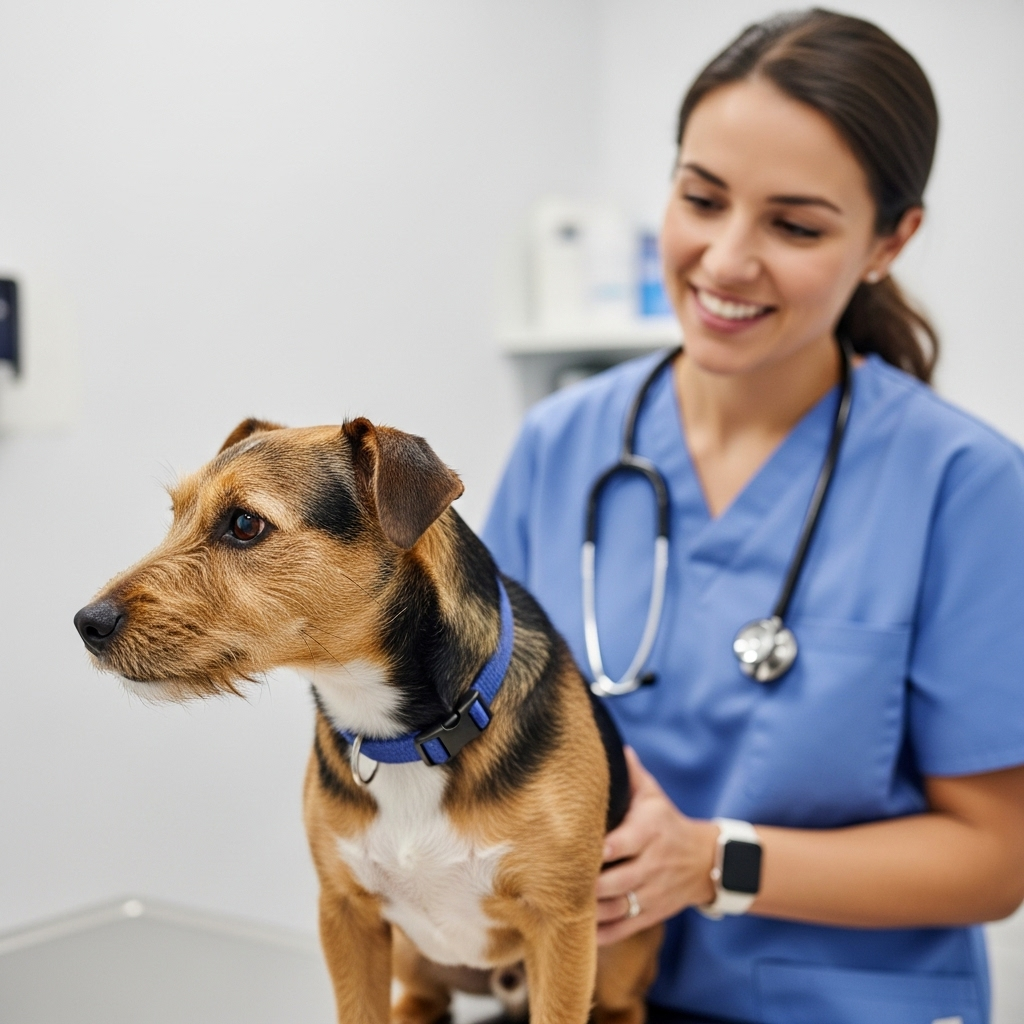 "A veterinarian thoughtfully observing a dog's head tilt, showing the clinical perspective on why dogs tilt their heads"