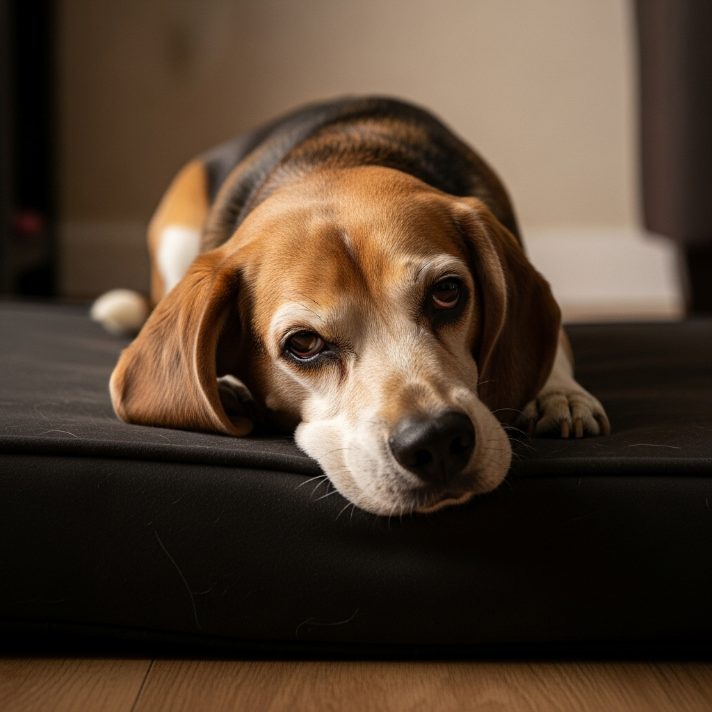 "A senior Beagle with a persistent head tilt due to a medical issue, a serious reason for why dogs tilt their heads"