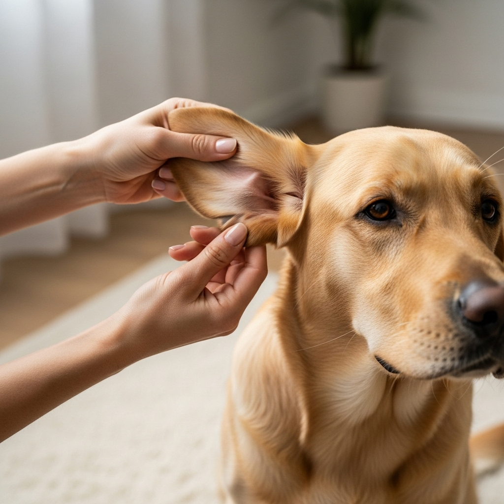 "A dog owner carefully checking their pet's ear, an important step when investigating why dogs tilt their heads at home"