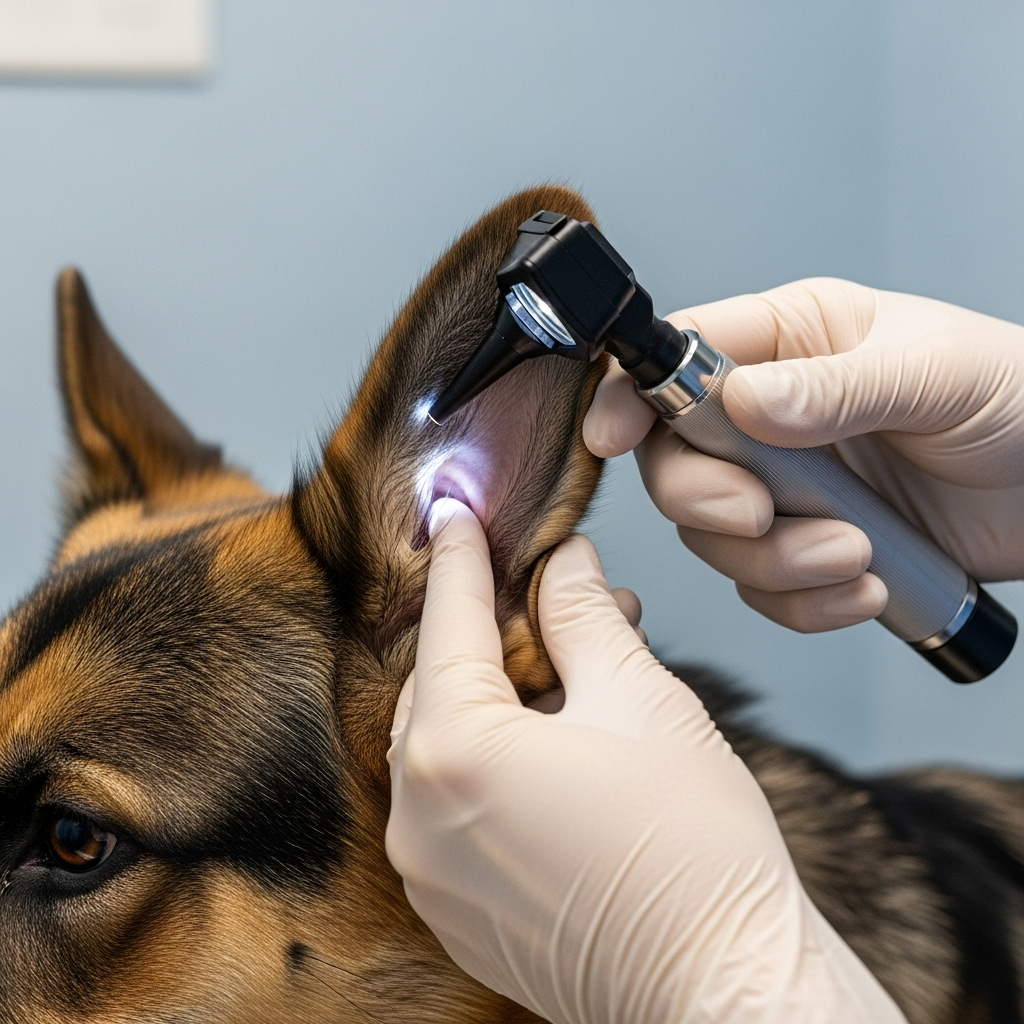 "A vet using an otoscope to diagnose the cause of a head tilt, a crucial step in understanding why dogs tilt their heads"