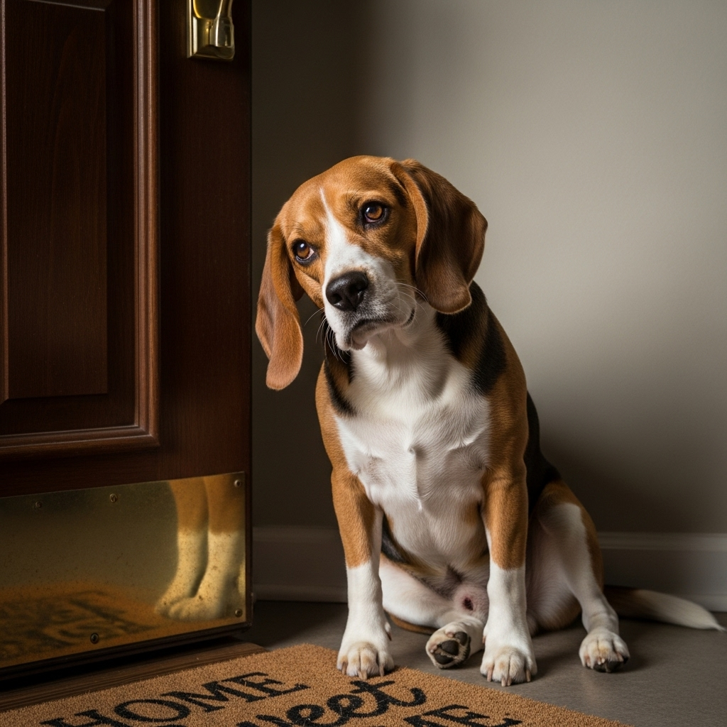 "A beagle showing the classic worried expression and posture associated with separation anxiety in dogs"