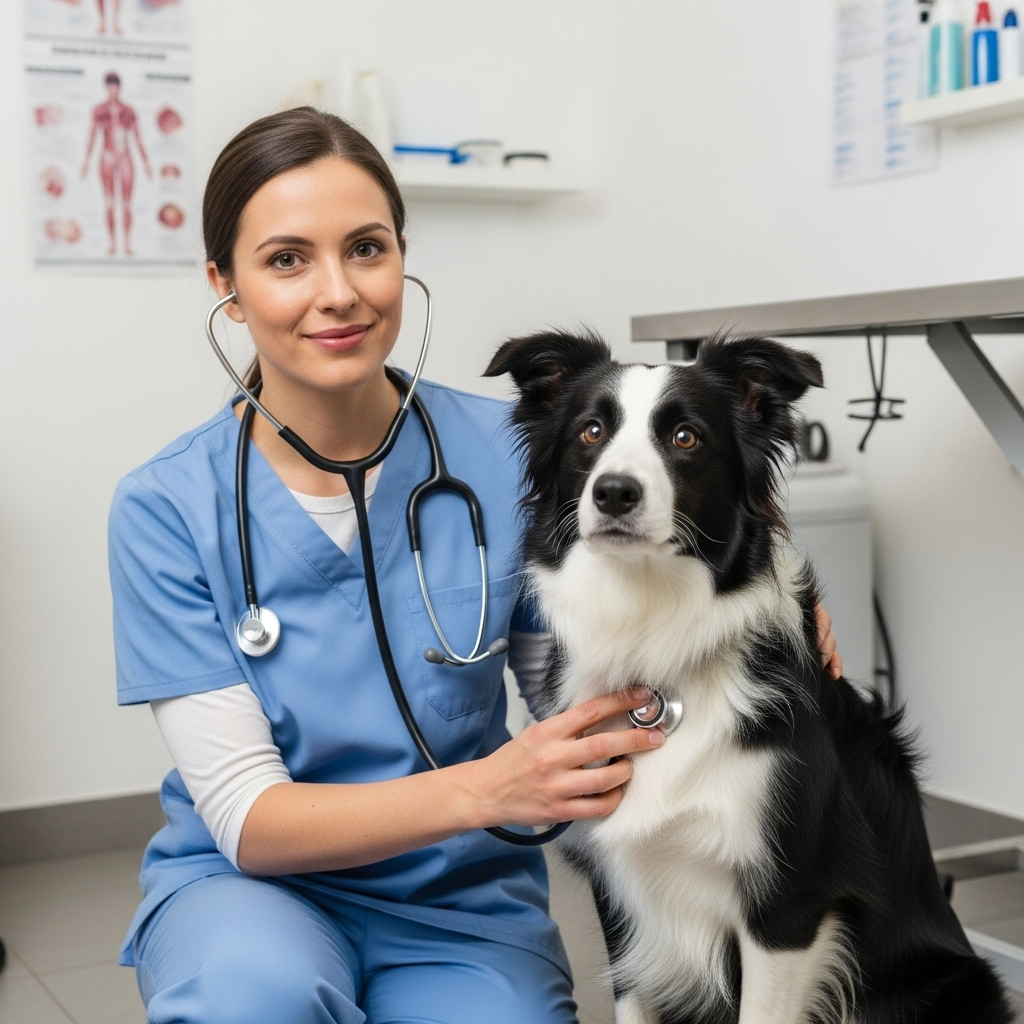 "A veterinarian conducting a check-up to rule out medical issues before diagnosing separation anxiety in dogs"