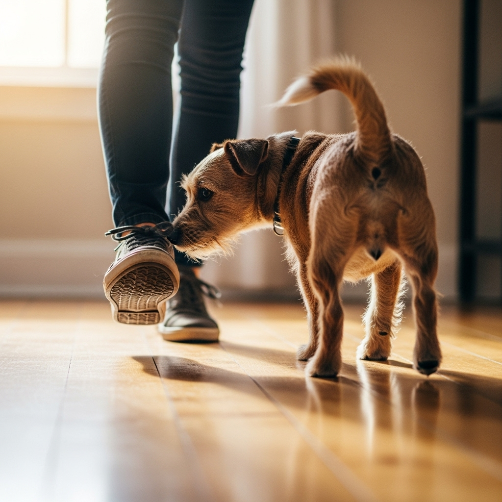 "A "velcro dog" sticking close to its owner, a common behaviour linked to developing separation anxiety in dogs"