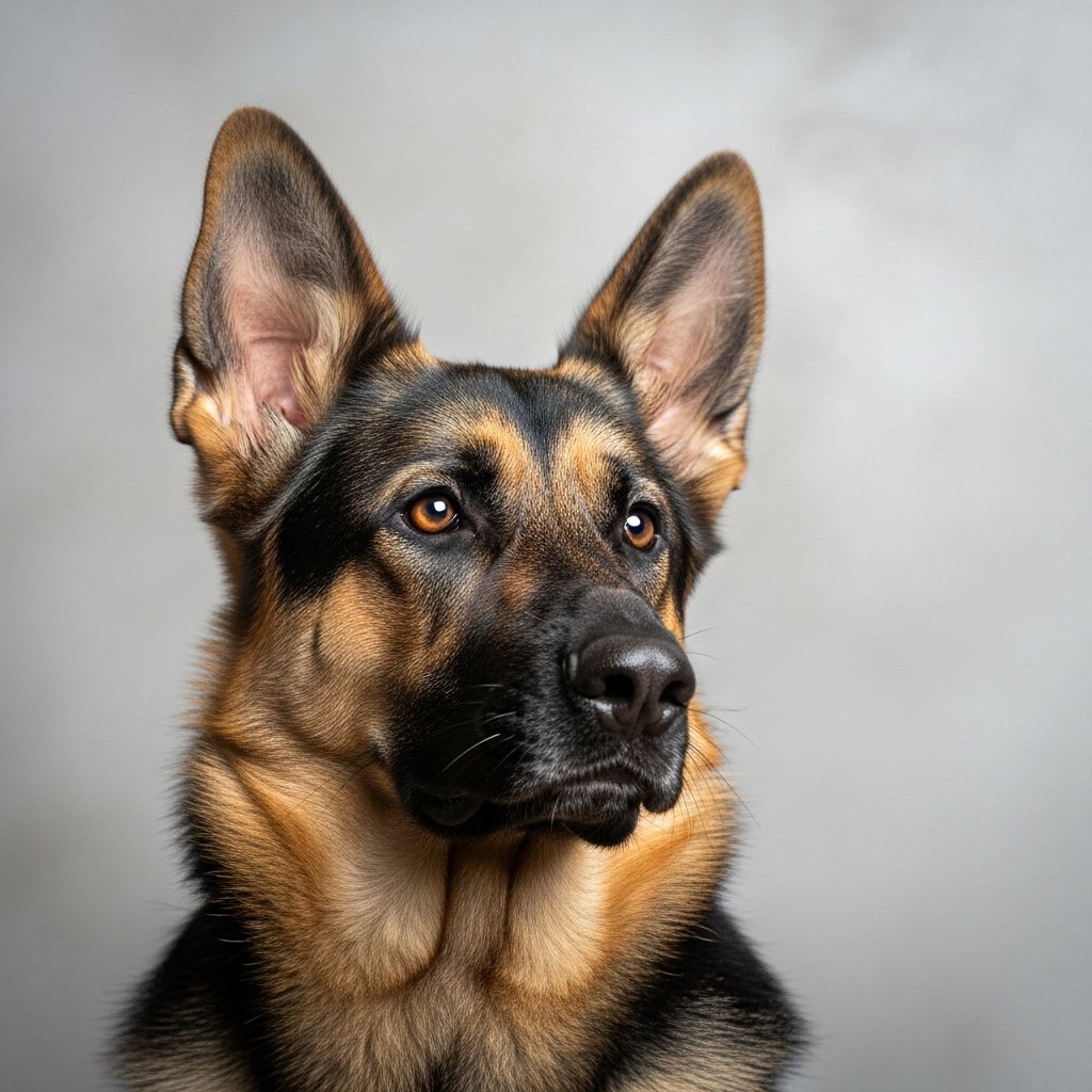"A German Shepherd demonstrating a dog head tilt as it focuses on a specific sound, showcasing its auditory perception"