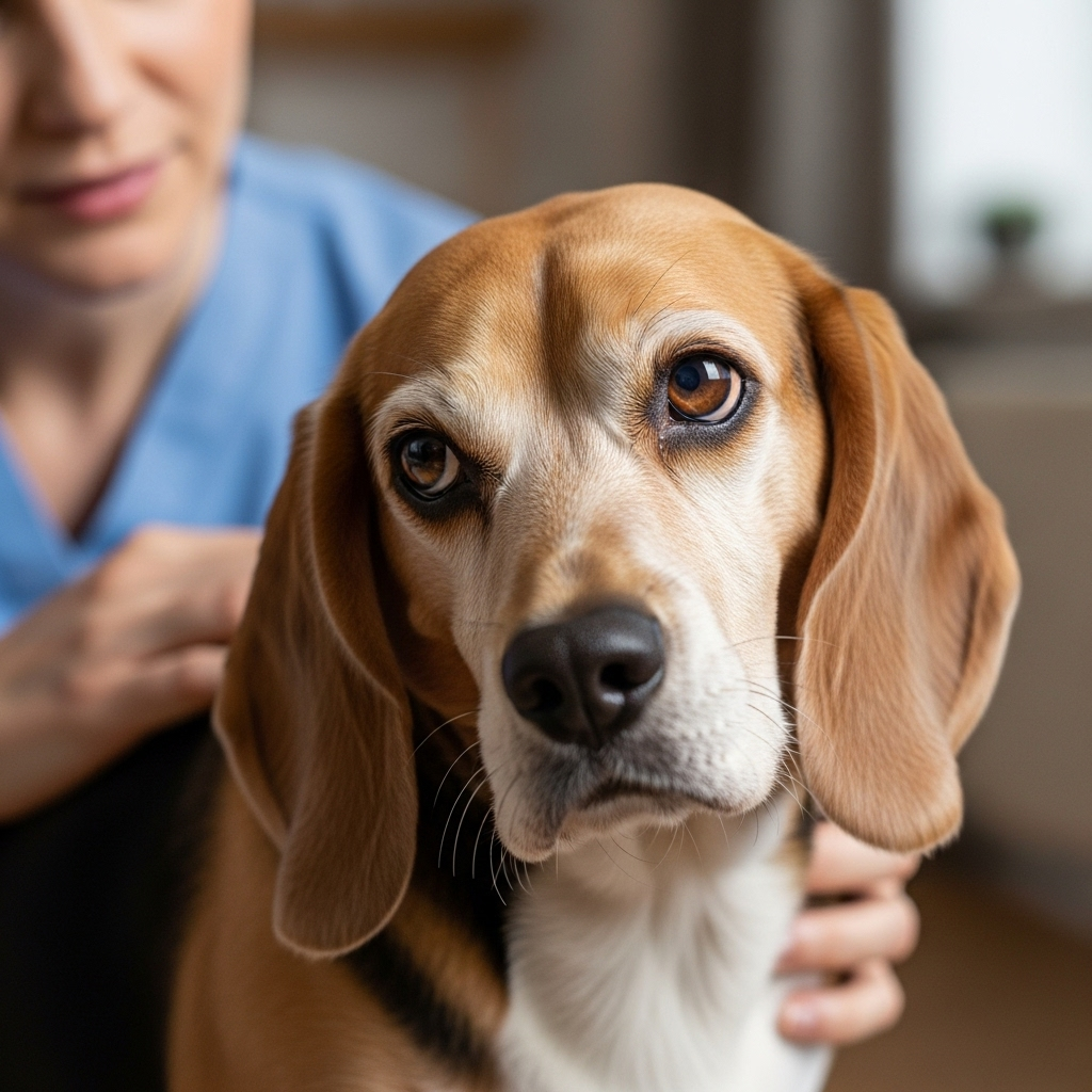 "An older dog with a persistent dog head tilt, indicating a potential medical issue like vestibular disease"