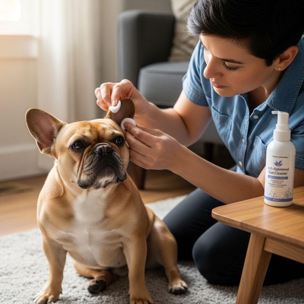 "A pet owner performing routine ear cleaning to prevent infections that can cause a pathological dog head tilt"