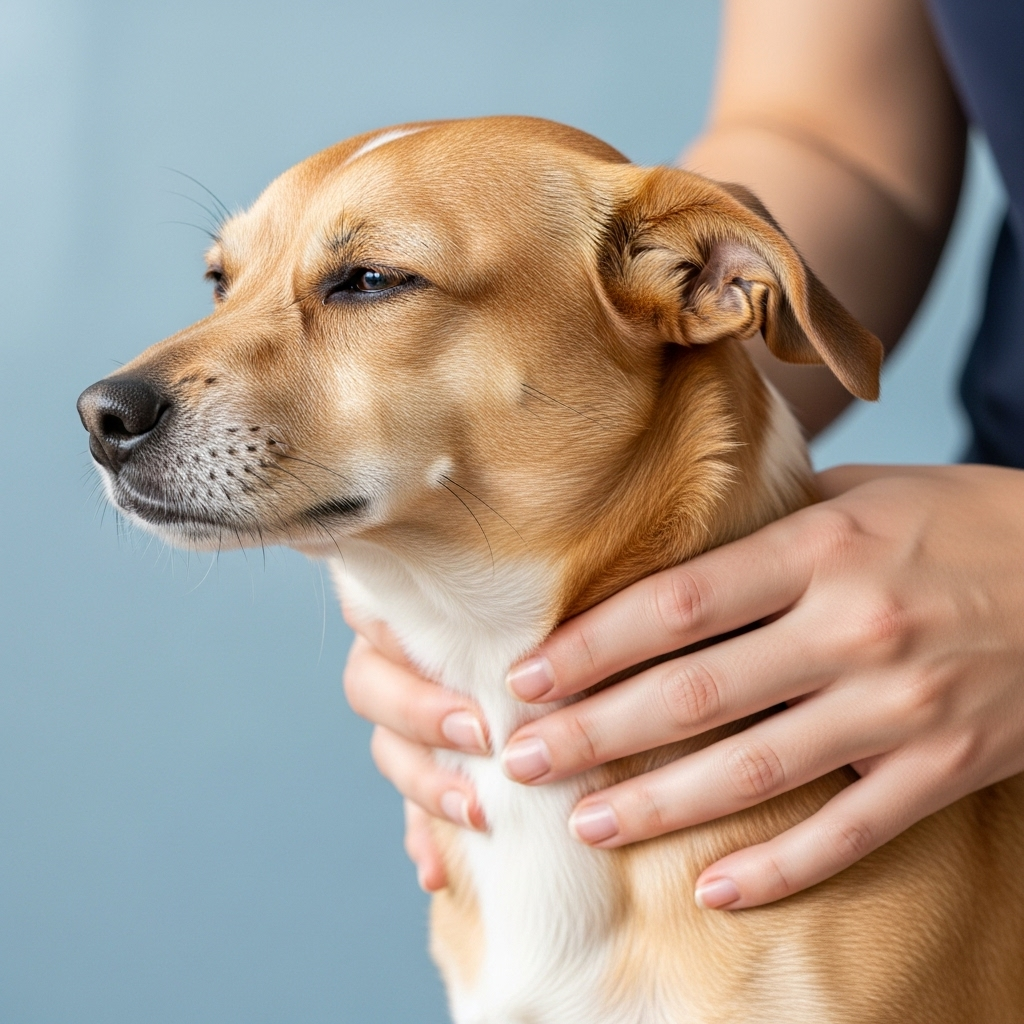 "A veterinarian demonstrating a gentle massage technique for calming anxious dogs"
