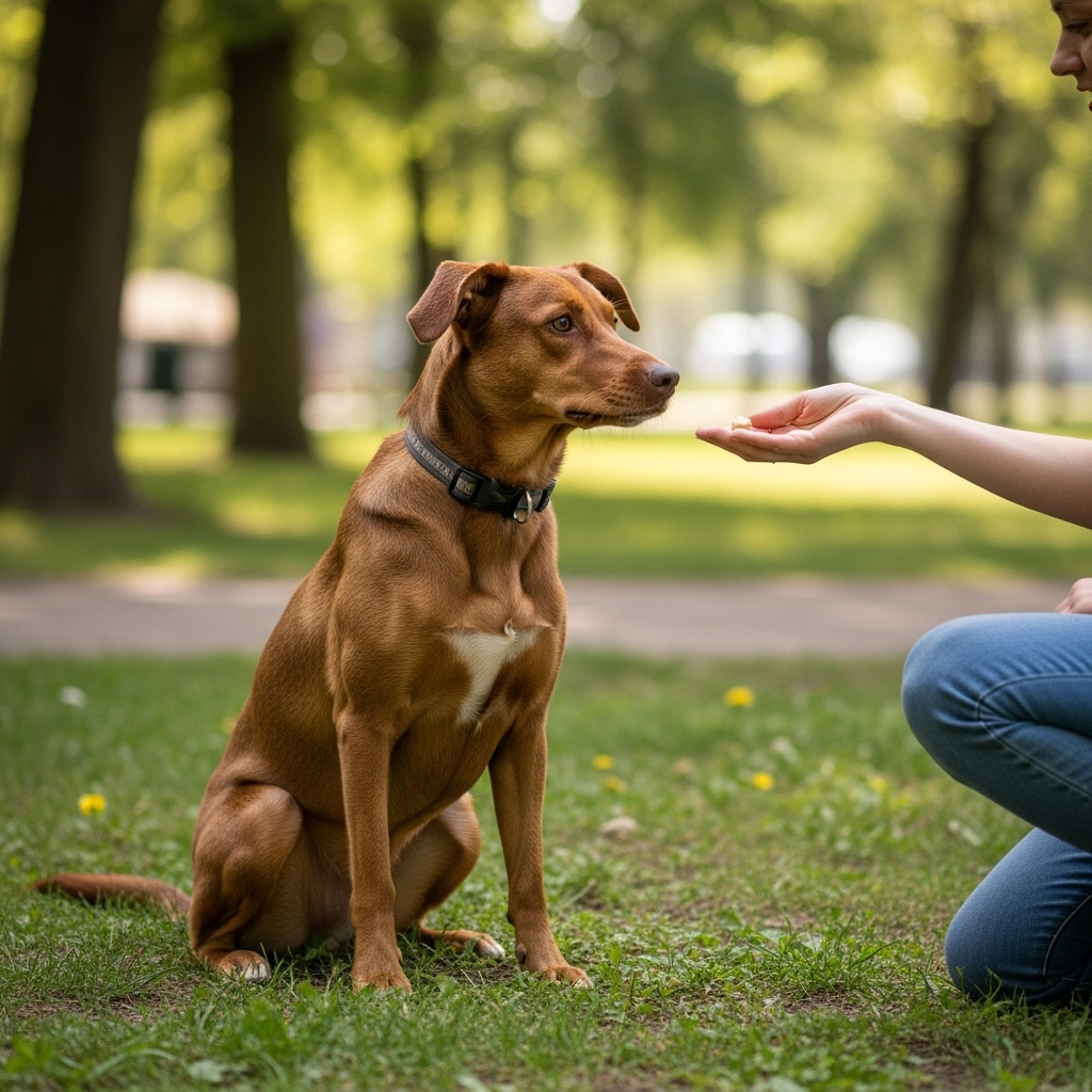 "A dog owner using positive reinforcement training, a long-term strategy for calming anxious dogs"