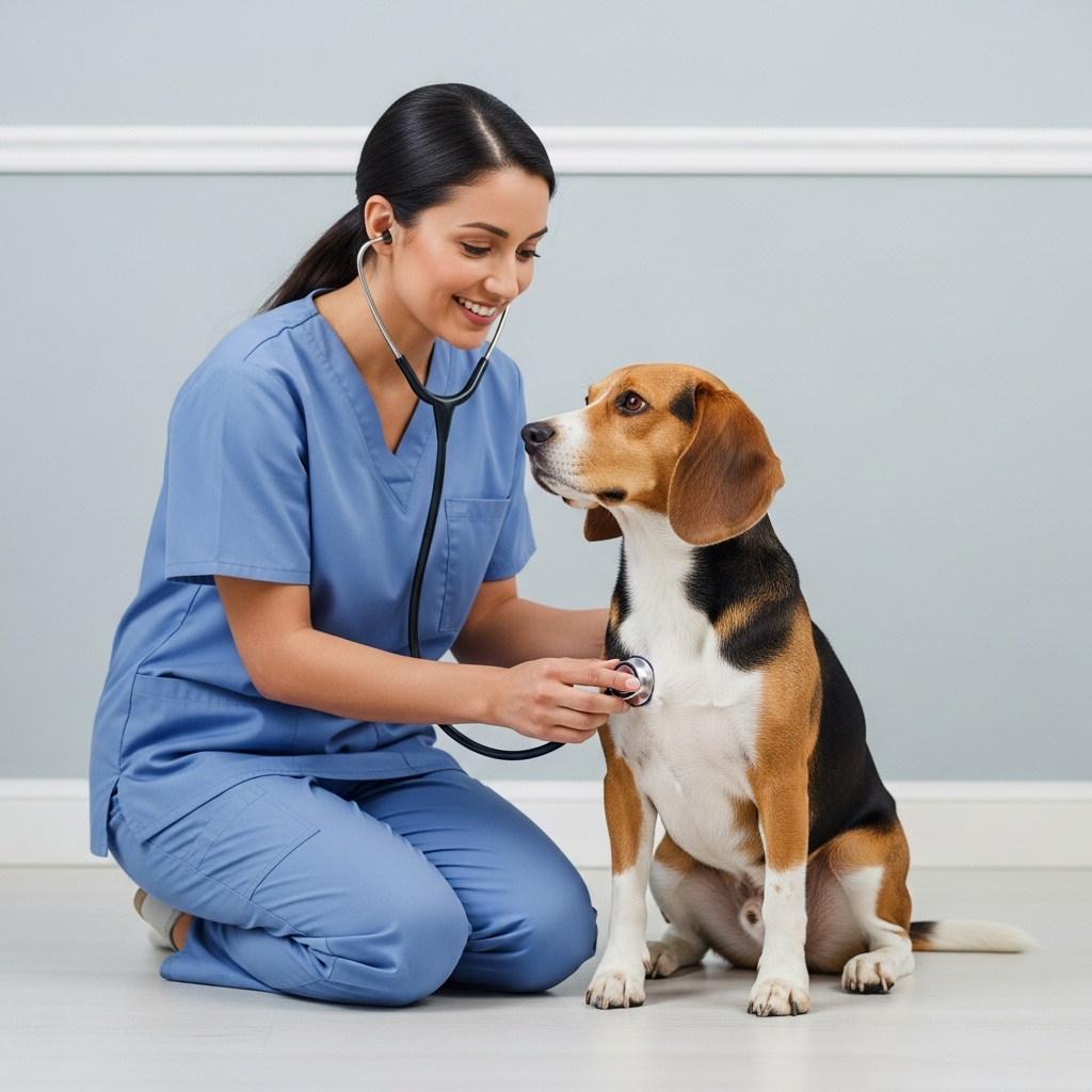 "A veterinarian examining a beagle, highlighting the importance of professional consultation for calming anxious dogs"