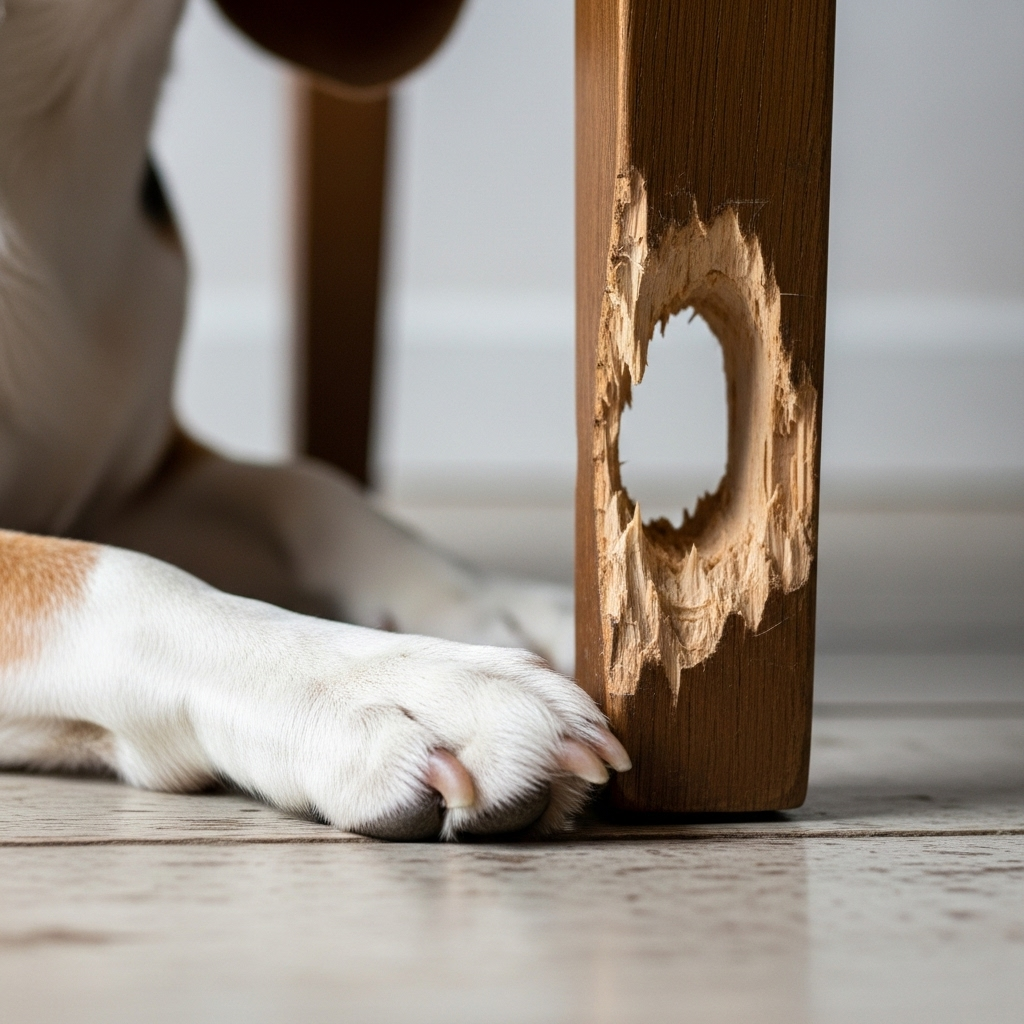 "A wooden chair leg showing damage from a dog chewing furniture, highlighting a common behavioural issue"