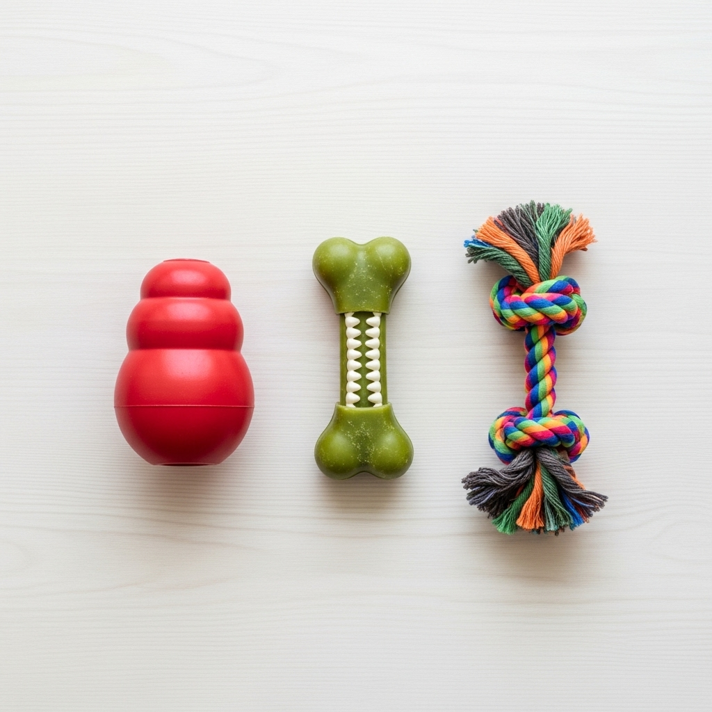 "A selection of appropriate toys to redirect a dog chewing furniture towards safe and fun alternatives'
