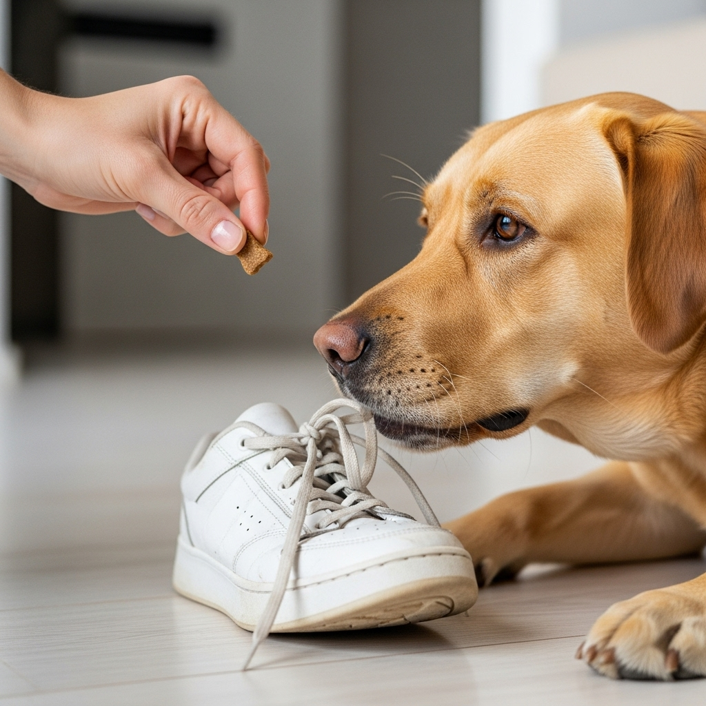 "A pet owner using positive reinforcement training to prevent a dog chewing furniture and other household items"
