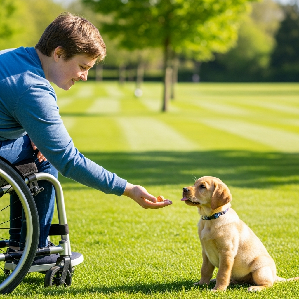 "A Labrador puppy meets new, diverse people as part of its comprehensive puppy socialization checklist"