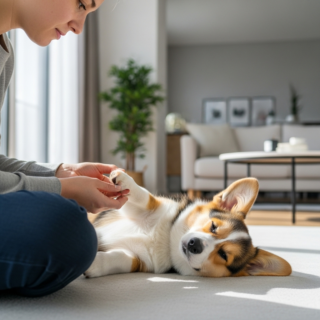 "A puppy gets its paws handled at home, an essential daily task on the puppy socialization checklist"