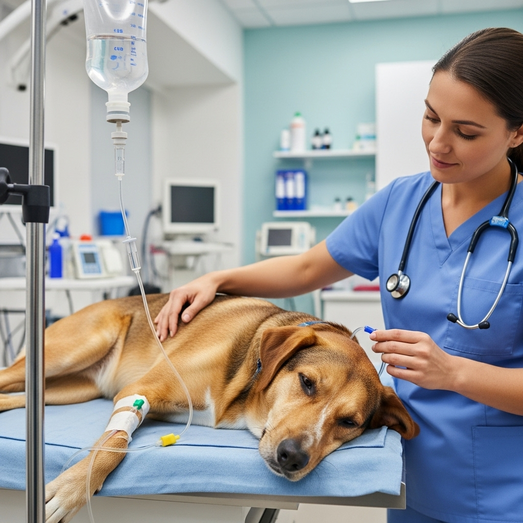 "A dog receiving IV fluids from a vet to treat the signs of dehydration in dogs."