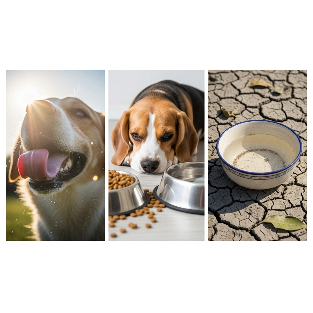 "A collage showing the common causes of dehydration in dogs: heat, illness, and lack of water."