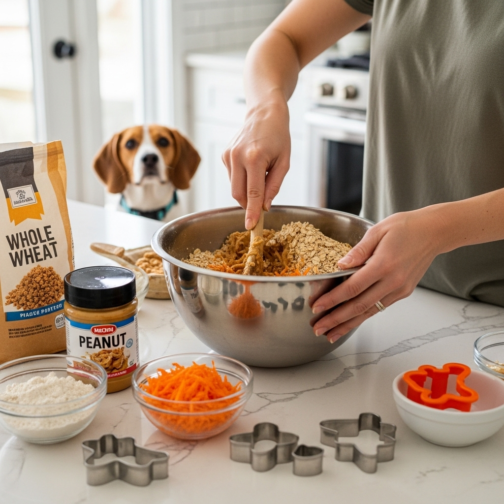 "A pet owner carefully mixing ingredients in a bowl to make healthy homemade dog treats for their furry friend."