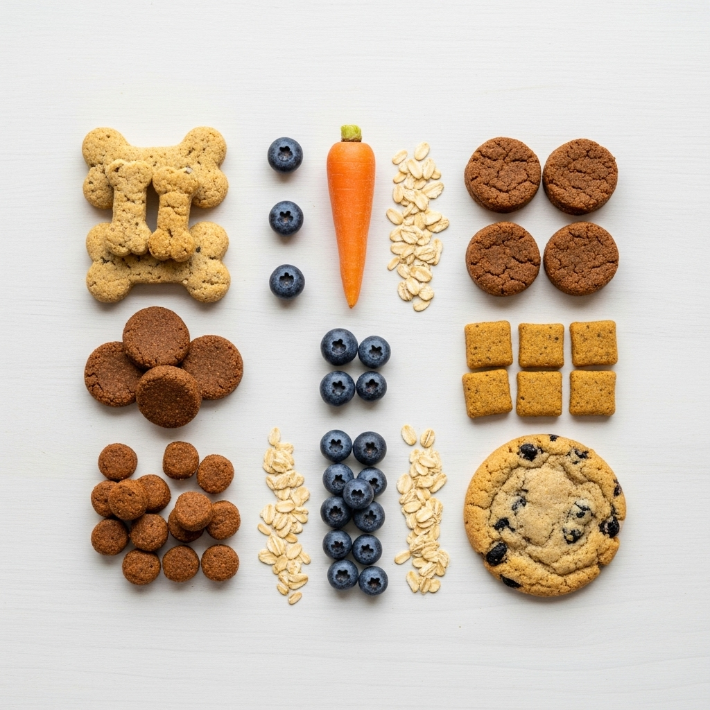"An assortment of different healthy homemade dog treats, including biscuits and crackers, arranged on a clean surface."