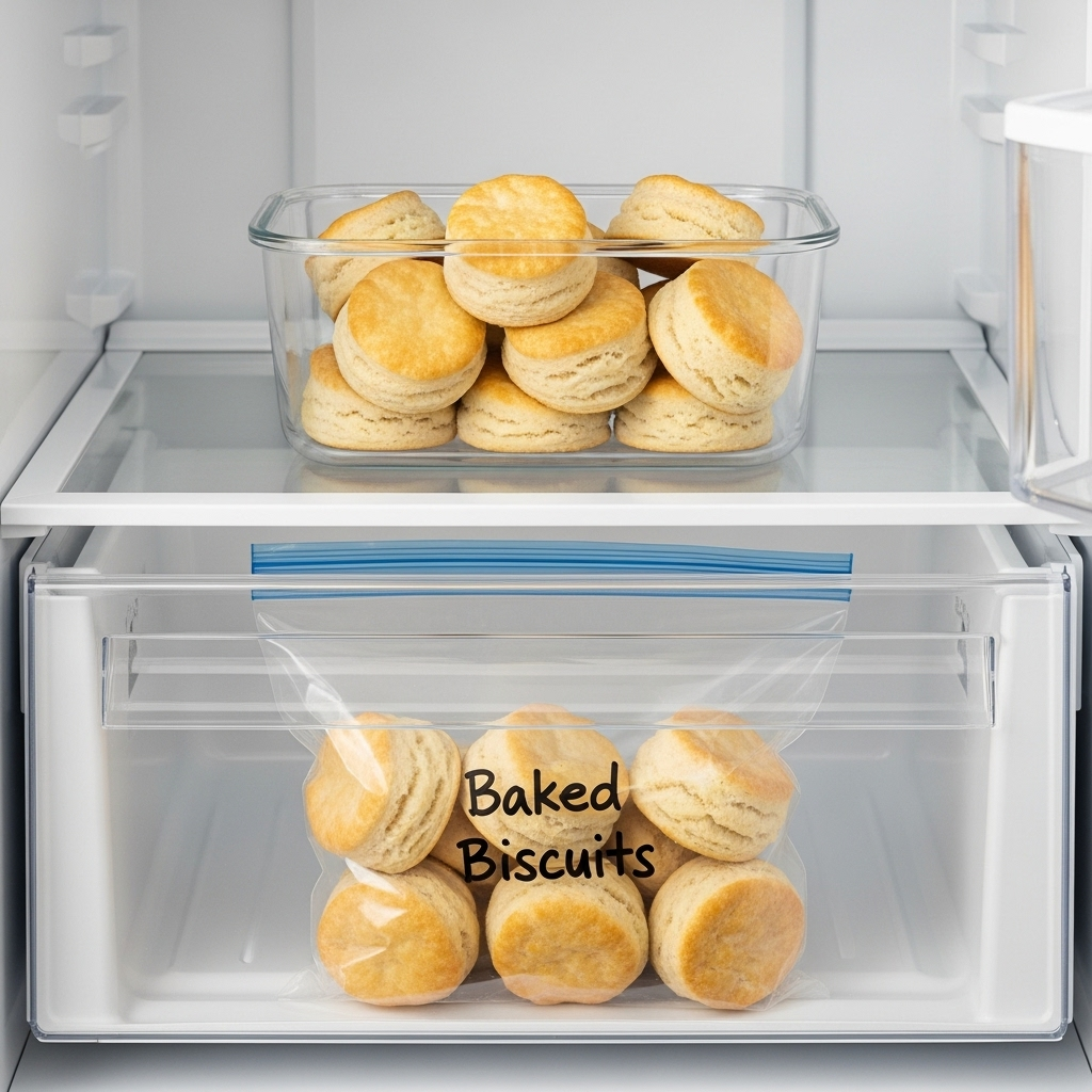 "Proper storage for healthy homemade dog treats, showing an airtight container in the fridge and a bag in the freezer."